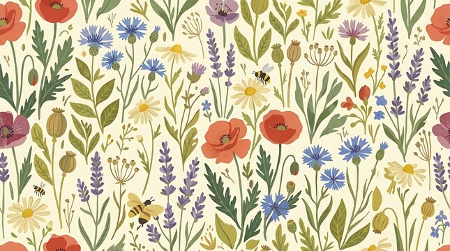 Seamless wildflower meadow pattern with bees and colorful blossoms