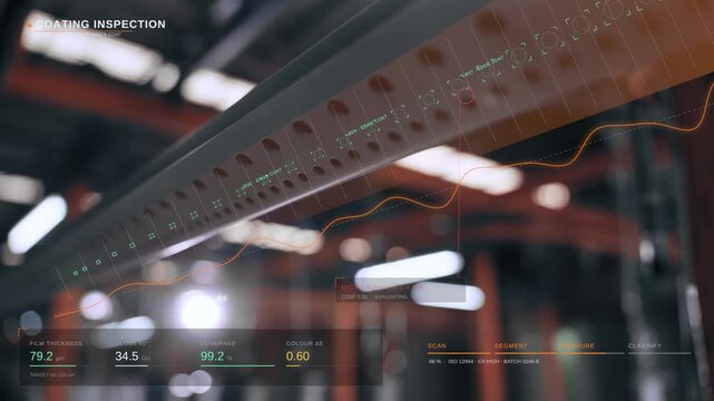 Automated industrial coating inspection system analyzing steel beam surface thickness and quality control data with futuristic digital heads-up display overlay in smart factory manufacturing