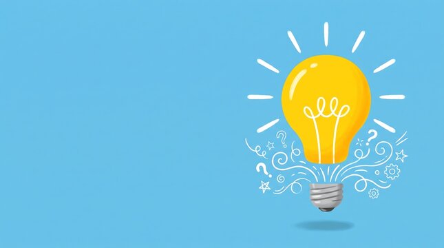 Bright idea lightbulb with doodles and question marks on blue background representing innovation and creativity
