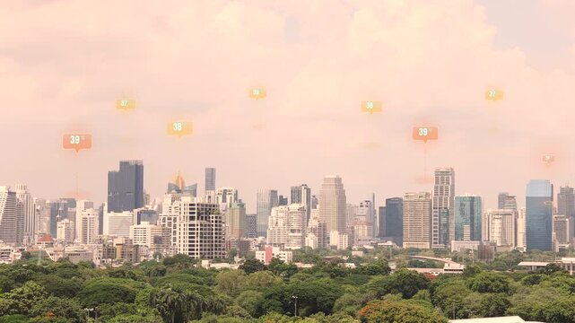Modern city skyline experiencing an intense extreme heat wave and global warming with high temperature data location icons hovering over modern skyscrapers during hot summer climate crisis