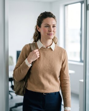 Generative AI, Confident young woman with backpack entering bright office