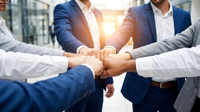 Diverse business team forming unity fist bump with warm sun flare in modern office lobby