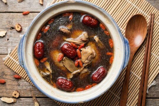 Traditional Herbal Chicken Soup with Red Dates and Goji Berries in Ceramic Pot on Bamboo Mat, Healthy Asian Wellness Cuisine