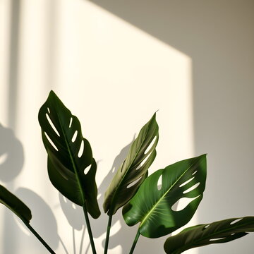 Monstera leaves with dramatic shadows on white wall, Japanese wabi-sabi imperfect simplicity
