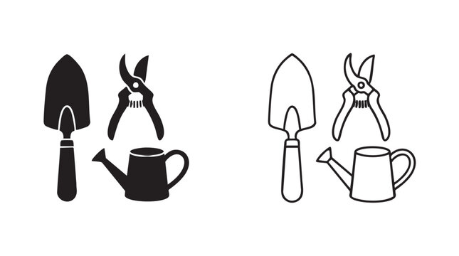 gardening tools black silhouette with line art vector design