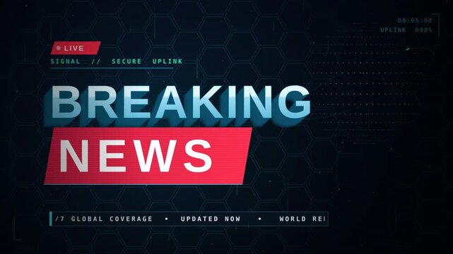 3D Breaking News banner graphic with live broadcast badge on high-tech digital grid background, modern television news headline overlay template, media report interface, world update concept
