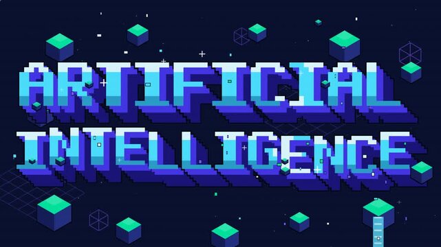 3D pixel art typography displaying Artificial Intelligence text with isometric futuristic cubes, digital machine learning concept, retro arcade game technology, and modern cyber background loop