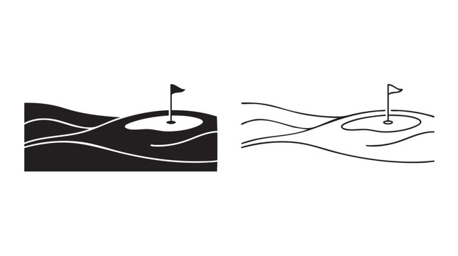 golf flag on green slope with black silhouette and line art vector design black black silhouette with line art vector design