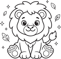 Fototapeta premium Cute Baby Lion Coloring Page – Black and White Cartoon Lion Cub Outline for Kids Printable Coloring Book