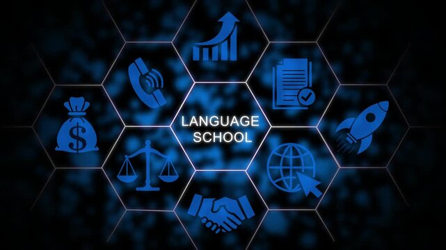 Language school concept with digital hexagon online education and e-learning technology infographic, global communication and academic growth motion