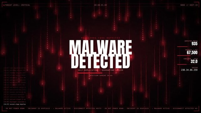 Malware Detected warning message on dark red matrix digital code background, cyber security threat alert, data breach virus infection concept, and hacker attack, Background Loop