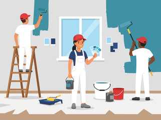 Fototapeta premium Professional Painters Team Renovating Interior Wall Blue