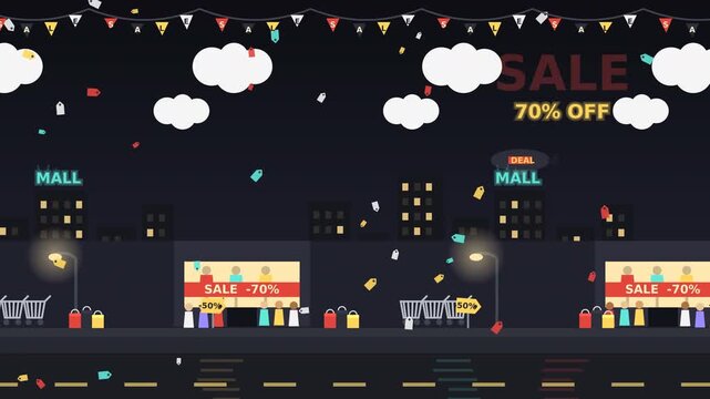 Flat illustration of Black Friday night shopping event, featuring city mall street, sale discounts, shopping carts, price tags, and promotional banners for commercial retail marketing, Background Loop