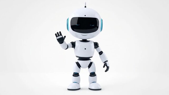 A friendly white robot waves its hand in a studio setting