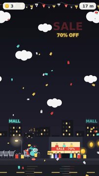 Black Friday shopping runner game interface, featuring character running through night city mall street, collecting coins, sale discount banners, price tags, and game UI graphics, Vertical