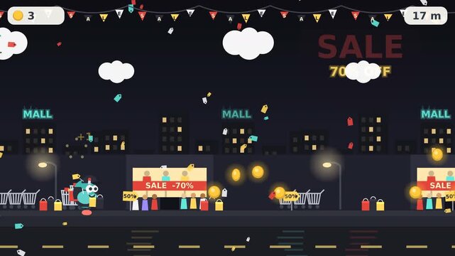 Black Friday shopping runner game interface, featuring character running through night city mall street, collecting coins, sale discount banners, price tags, and game UI graphics