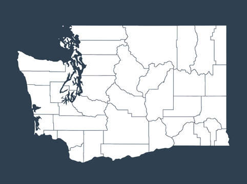 Washington State Map with County Borders, White Outline on Dark Blue Background