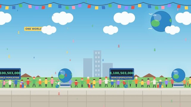 World population concept background featuring global community holding hands together, digital counter screen displaying population growth statistics, and planet earth elements, Background Loop