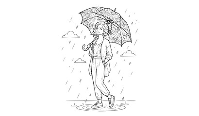 A beautiful young woman standing in the rain holding a patterned umbrella while wearing casual autumn clothing style