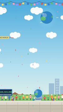 World population concept background featuring global community holding hands together, digital counter screen displaying population growth statistics, and planet earth, Vertical Background Loop