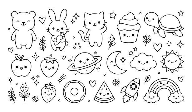 Set of cute kawaii doodle elements featuring animals food celestial objects and nature icons for kids coloring pages