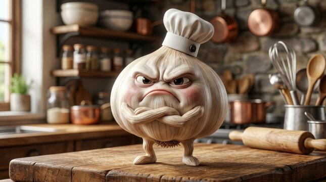 Grumpy Garlic Chef in Kitchen: An anthropomorphic garlic bulb, sporting a chef's hat and an intensely grumpy expression, stands with arms crossed in a rustic kitchen setting.