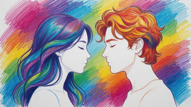 Illustrazione a matite colorate di giovane coppia innamorata con sfondo arcobaleno