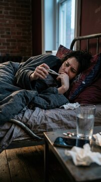 Man Feeling Unwell Examining Thermometer Lying In Bed