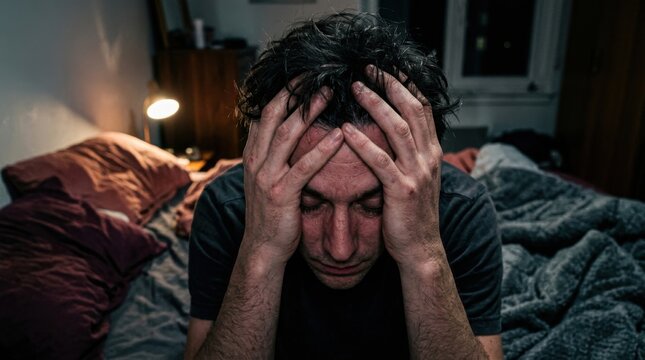 Man Clutching Head In Despair In Dark Bedroom