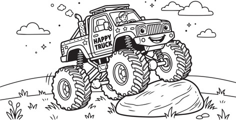 Cute Monster Truck Coloring Page – Black and White Cartoon Off Road Vehicle Outline Illustration for Kids Printable © syed