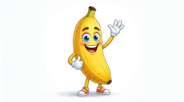 Cheeky Banana Character: A cheerful cartoon banana character with wide eyes, a broad smile, and outstretched hand gives a friendly wave, ready to share its healthy goodness and vibrant personality.