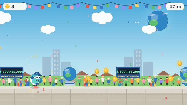 World population runner game interface, featuring cute character running, collecting coins, digital population statistics counter, global community, and earth globe graphics
