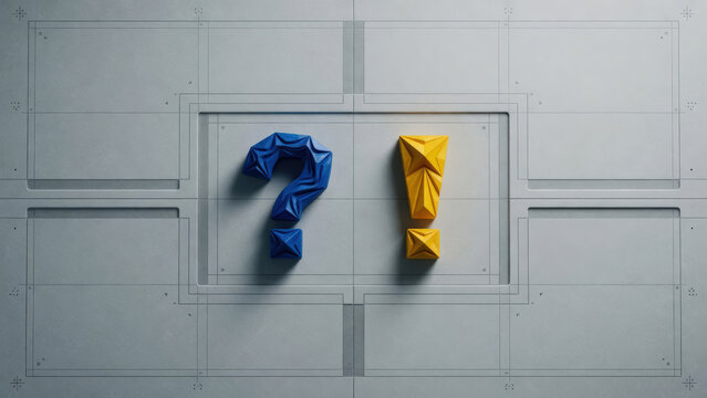 Punto interrogativo blu e punto esclamativo giallo 3D poligonale su pannello futuristico