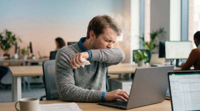 Man Coughing Into Elbow With Tissue In Office