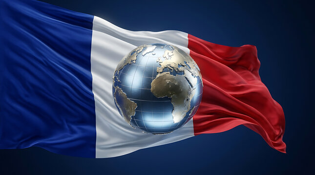French flag with a metallic globe symbolizing global unity and national identity blending Europe and world connection