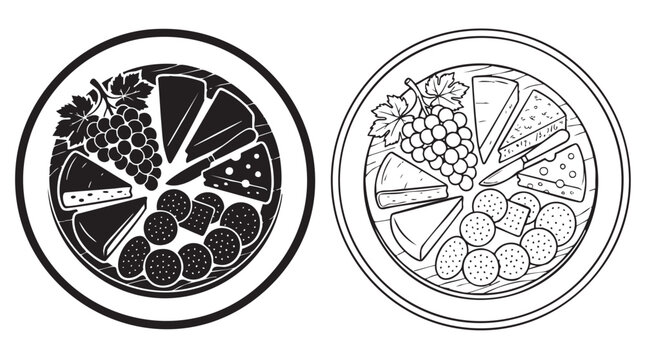 cheese board with grapes and crackers black silhouette with line art vector design
