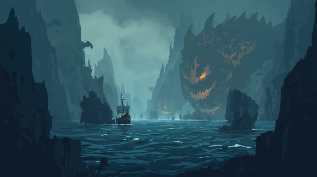Dragon's Lair: A colossal dragon emerges from a misty sea cave, its fiery eyes casting an ominous glow. A lone ship navigates treacherous waters, dwarfed by the mythical beast and towering cliffs.