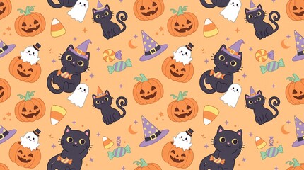 Fototapeta premium Cute Halloween Seamless Pattern with Black Cats, Ghosts, Pumpkins, Witch Hats, and Candies for Commercial Wrapping