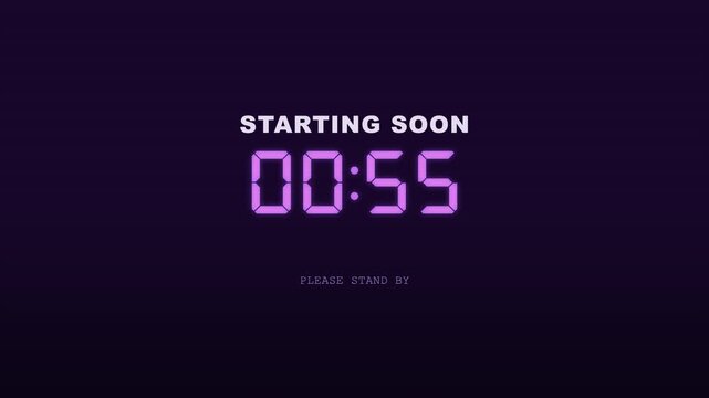 1 Minute Countdown Starting Soon Stream Purple Please Stand By Digital Loop Animation