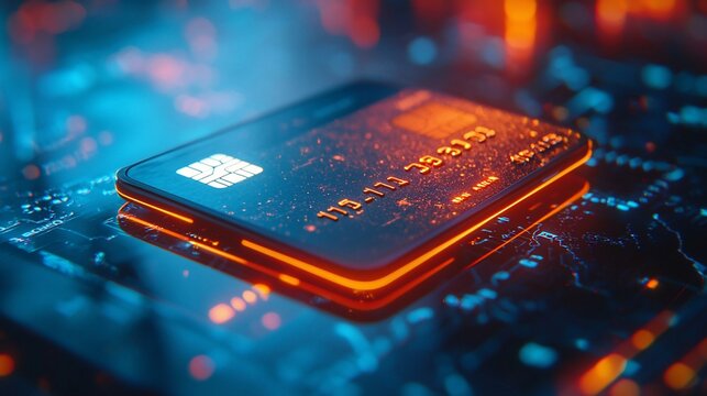Secure online payment card, digital circuit background, futuristic finance