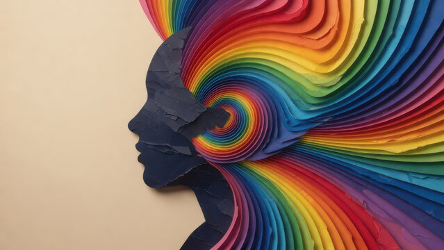 Profilo femminile in carta intagliata con spirale arcobaleno e mente creativa