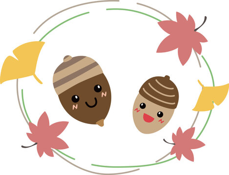 Illustration of acorn character with maple and ginkgo leaves