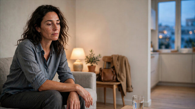 Sad Mature Woman Sitting Alone on Sofa at Home, Feeling Depressed and Stressed in Dimly Lit Living Room, Mental Health and Loneliness Concept