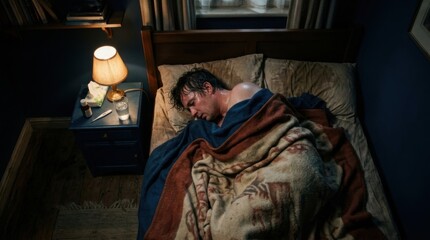 Obraz premium Man Sweating Heavily While Sleeping Ill In Bed At Night