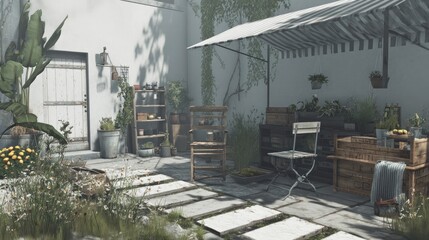 Fototapeta premium Serene Outdoor Patio with Lush Greenery and Rustic Furniture.