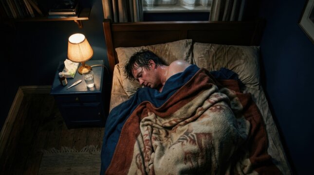 Man Sweating Heavily While Sleeping Ill In Bed At Night