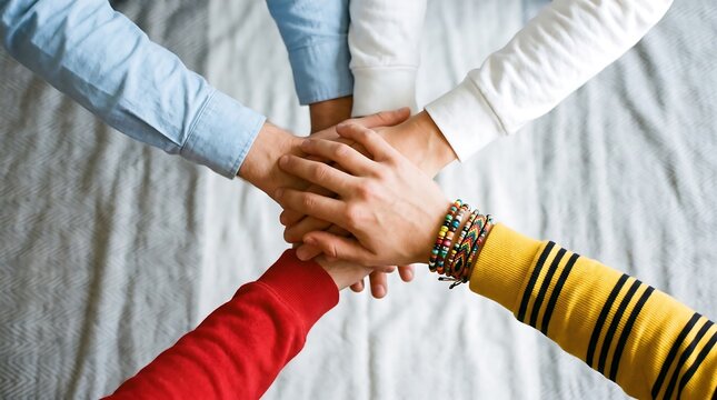 Five diverse hands stacked together in unity during a collaborative team effort against a neutral background