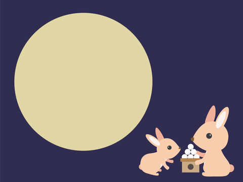 Moon viewing frame with rabbits and a big full moon