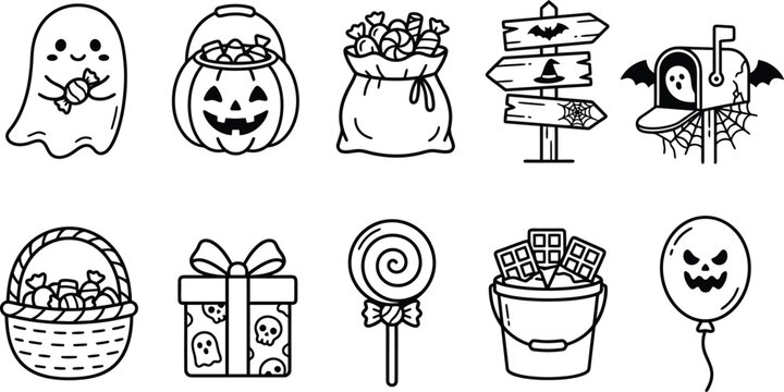 Cute Halloween Treat and Candy Icon Set with Ghost, Pumpkin Bucket, Gift Box and Sweet Desserts