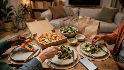 Fototapeta premium Diverse group of friends sharing pizza and fresh salad dinner in a cozy living room, eating takeout food from boxes and paper bags on a coffee table, casual home lifestyle.